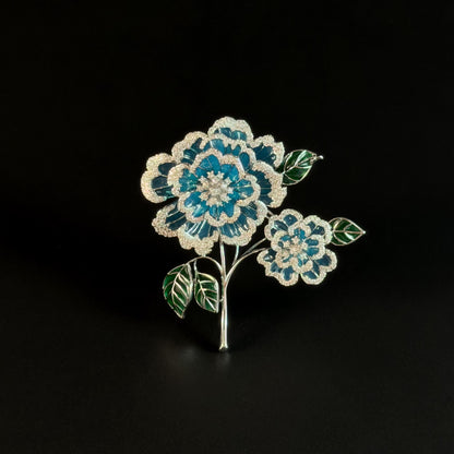 Machaon · Azure Heavily Embellished Peony Brooch