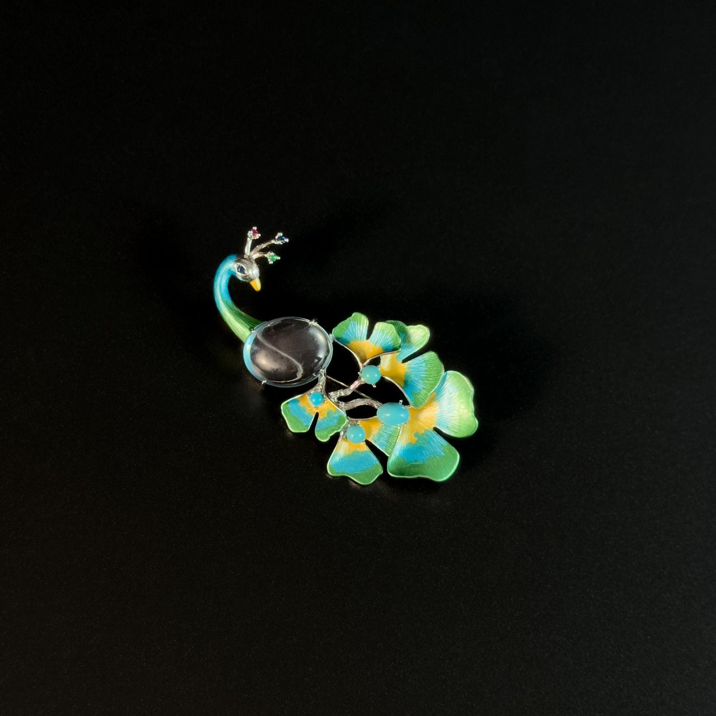 Argeia · Verdant Long-Tail Peacock Brooch