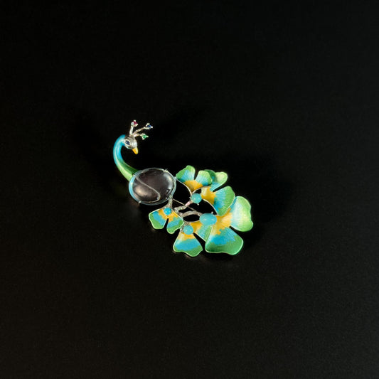 Argeia · Verdant Long-Tail Peacock Brooch