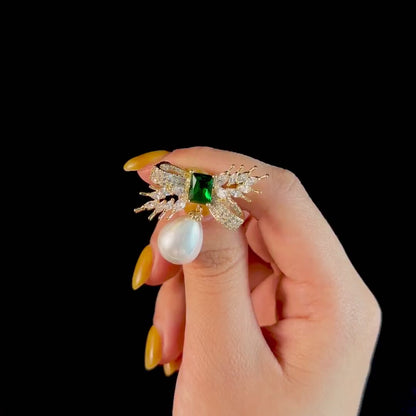 Vintage Emerald Bow and Pearl Pendant Brooch
