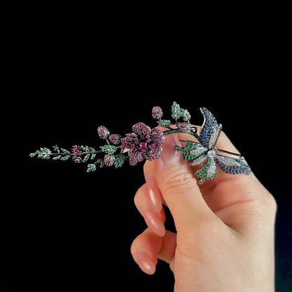 Rhinestone Butterfly and Floral Brooch