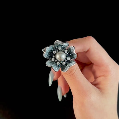 Heavily Embellished Pearl Five-Petal Flower Brooch
