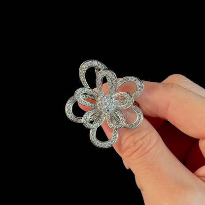 Silver Openwork Rhinestone Flower Brooch
