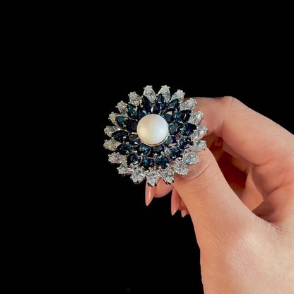 Blue Crystal and Pearl Brooch