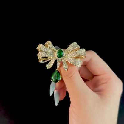 Gold and Emerald Zircon Bow Brooch