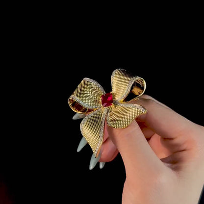 Gold and Red Bow Brooch