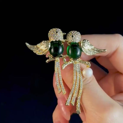 Full Diamond and Emerald Double Bird Brooch