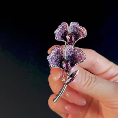 Purple Ginkgo Leaf Rhinestone Brooch
