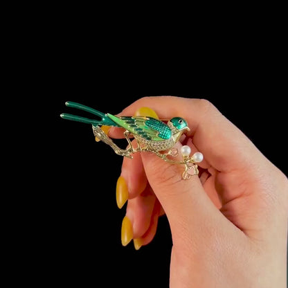 Green Enamel Magpie Brooch