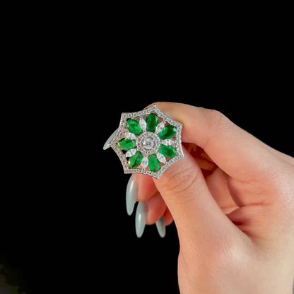 Heavily Diamond-Encrusted Emerald Flower Brooch