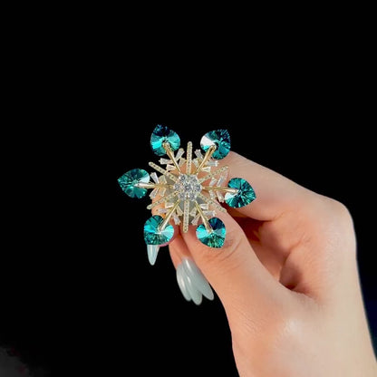 Gold and Teal Crystal Snowflake Brooch