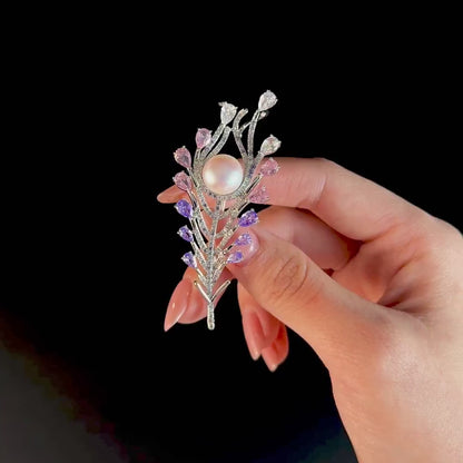 Pinkish-Purple Zircon Pearl Feather Brooch