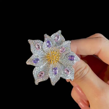 Silver Full-Diamond Flower Brooch