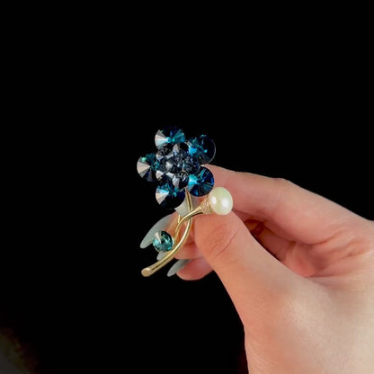 Blue Crystal and Pearl Flower Brooch