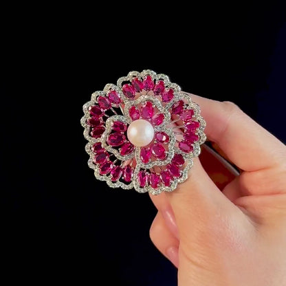 Red Zircon and Pearl Flower Brooch