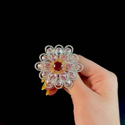 Red Zircon White Flower Brooch