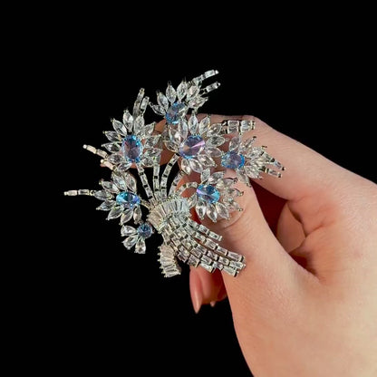 Blue Crystal Flower Spray Brooch