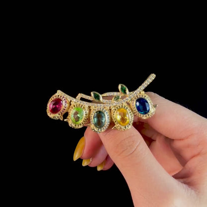 Multicolored Zircon Gold Pea Pod Brooch