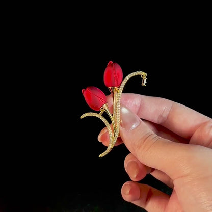 Red Tulip Rhinestone Brooch