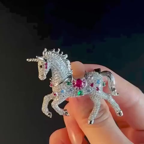 Colorful Zircon Unicorn Brooch