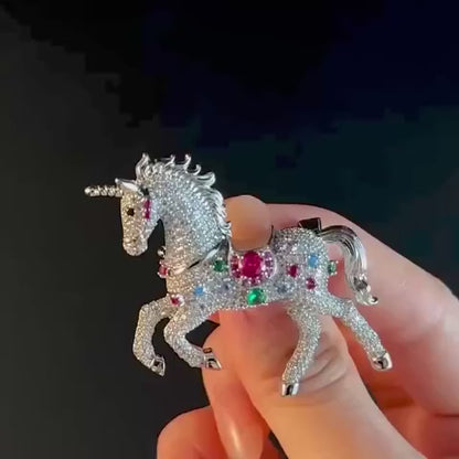 Colorful Zircon Unicorn Brooch