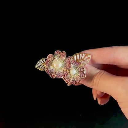 Crystal Rhinestone Pink Flower Brooch