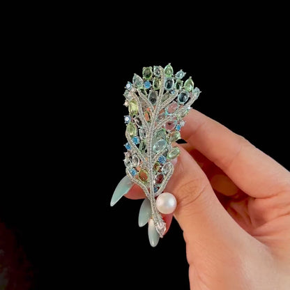 Fully Rhinestone Green Pearl Feather Brooch