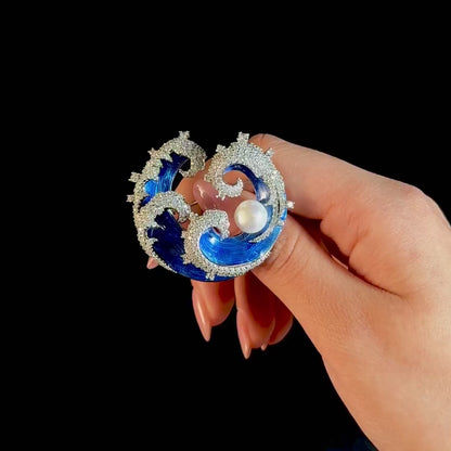 Blue Enamel Wave and Pearl Brooch