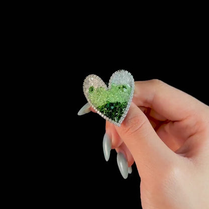 Gradient Green Diamond Heart-Shaped Brooch