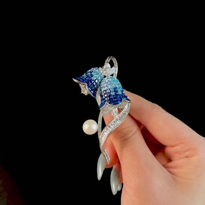 Pearl-Accented Blue Bellflower Brooch and Pendant