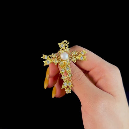 Gold Floral Pearl Cross-Shaped Brooch