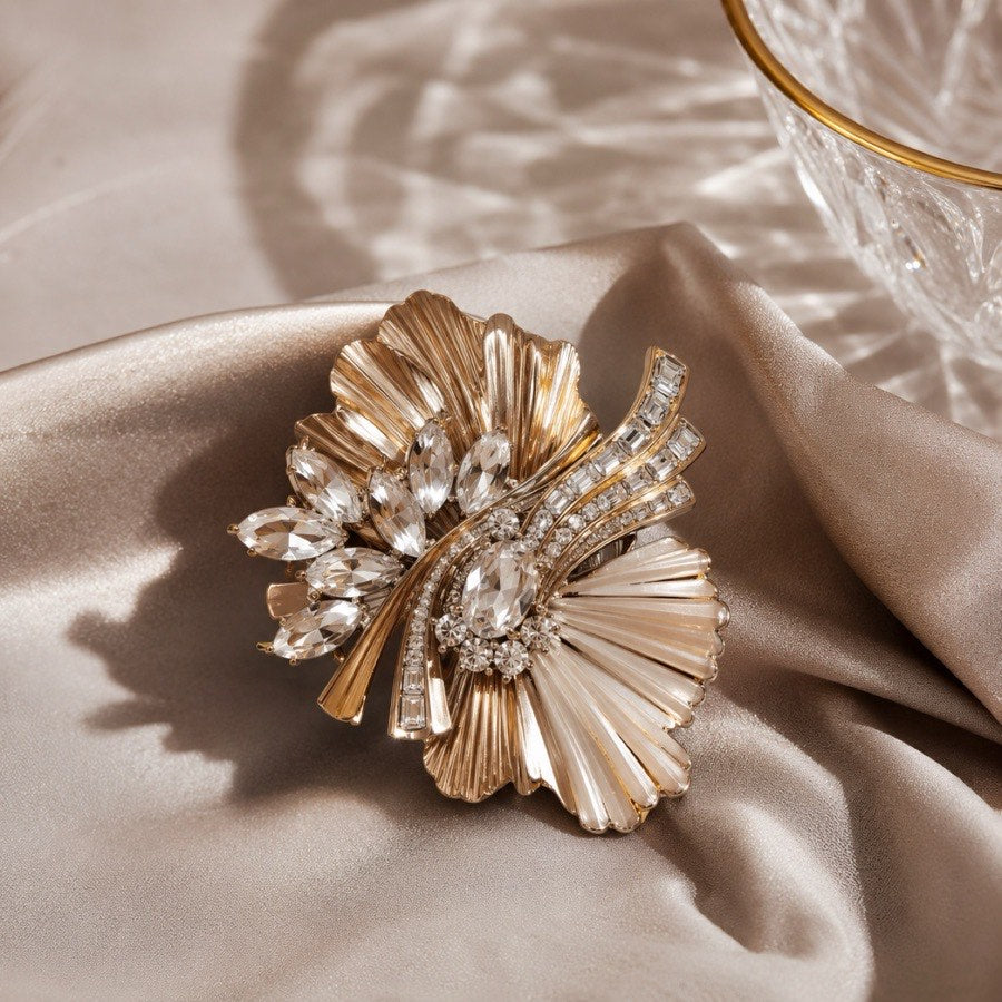 Statement brooches on silk